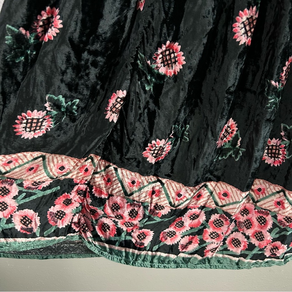 Vintage Floral Velvet Maxi Skirt Free Size Pull On Elastic Waist Boho Black Pink - Picture 5 of 11